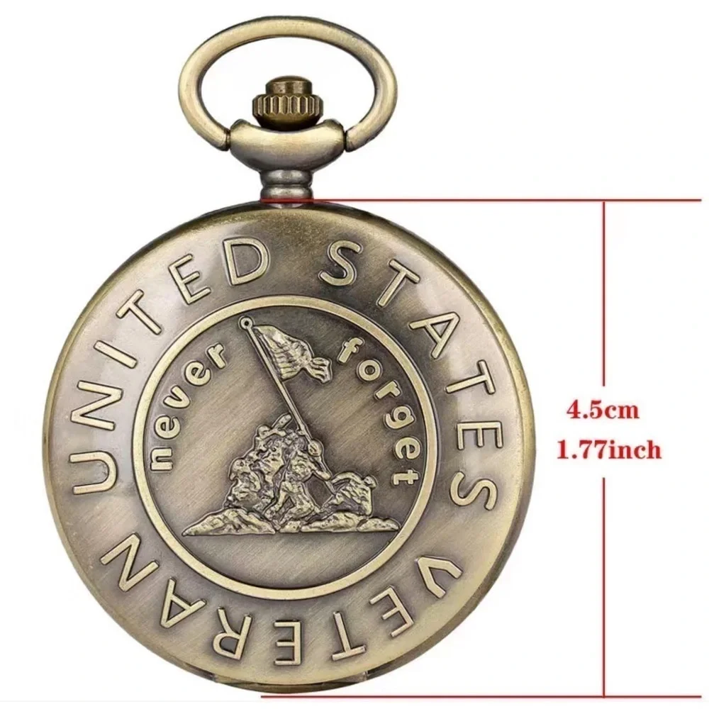 Pocket Watch with Chain Veteran Patriotic Flip Open USA Bronze Unisex Gift